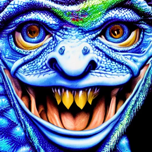 Prompt: president donald j clinton as a smiling laughing bright blue lizard person, airbrush painting, hyper detailed, 8 k, photorealism, rule of thirds, glitter.