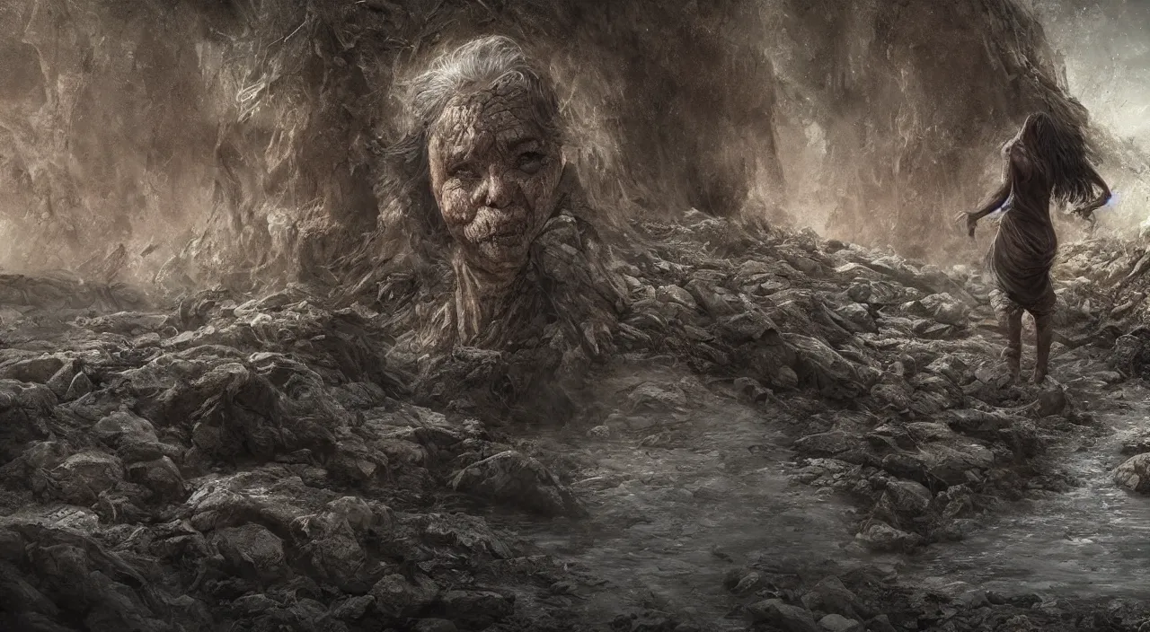 Prompt: Giant 65-year-old giant Gaia woman crying as she crosses a dried up river, highly-detailed, elegant, dramatic lighting, artstation, 4k, cinematic landscape