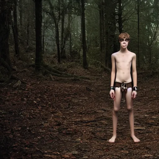 Image similar to a teenage boy, around 1 6 yo. choker necklace. natural brown hair. loincloth, pale skin. detailed face. ominous and eerie looking forest in background. natural colors. hyperrealistic photo.