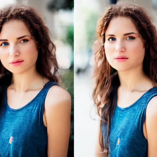 Prompt: dslr portrait still of a beautiful female face wearing a tank top 8 k 8 5 mm f 1. 4