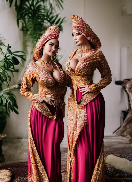 Prompt: portrait of lindsey pelas and demi rose wearing javanese traditional dress, by charlotte grimm, natural light, detailed face, canon eos c 3 0 0, ƒ 1. 8, 3 5 mm, 8 k, medium - format print