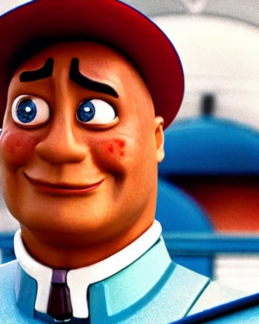 Image similar to Film still close-up shot of Dwayne Johnson as the Thomas the Tank Engine from the movie Thomas and the Magic Railroad. Photographic, photography