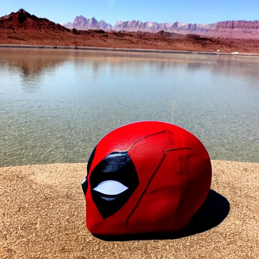 Image similar to deadpool sticking his head out of empty drained lake mead