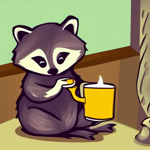 Image similar to little raccoon sitting by a cozy fireplace with a cup of tea. warm color temperature. digital art,