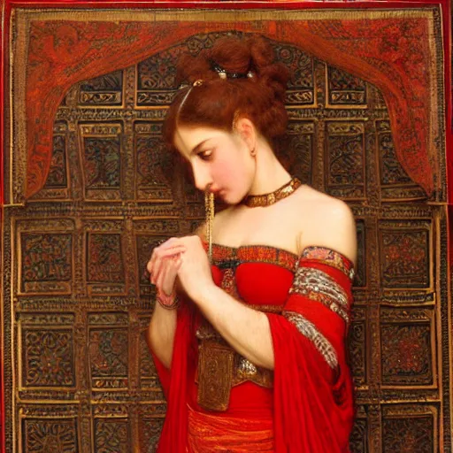 Prompt: orientalist portrait of a woman in a red dress with copper jewelry standing in front of tapestry carpet intricate artwork by john william waterhouse and Edwin Longsden Long and Theodore Ralli and Henryk Siemiradzki. trending on artstation, very coherent symmetrical artwork high detail 8k