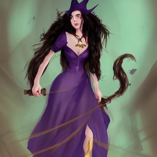 Prompt: Beautiful and cunning witch with long dark hair walking within a decayed medieval temple. She wears a purple dress adorned in jewelry flashing gold, trending on artstation, dark fantasy