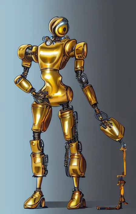 Image similar to a robot wearing a golden dress, full body shot, highly detailed, digital painting, artstation, concept art, smooth, sharp focus, illustration