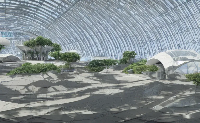 Prompt: futuristic architectural masterpiece dome interior airport with artificial waterfall and trees by frank Lloyd wright and Zaha hadid, detailed, octane render, photo realism, 3D, ray tracing, photo realism, dlsr, 24mm