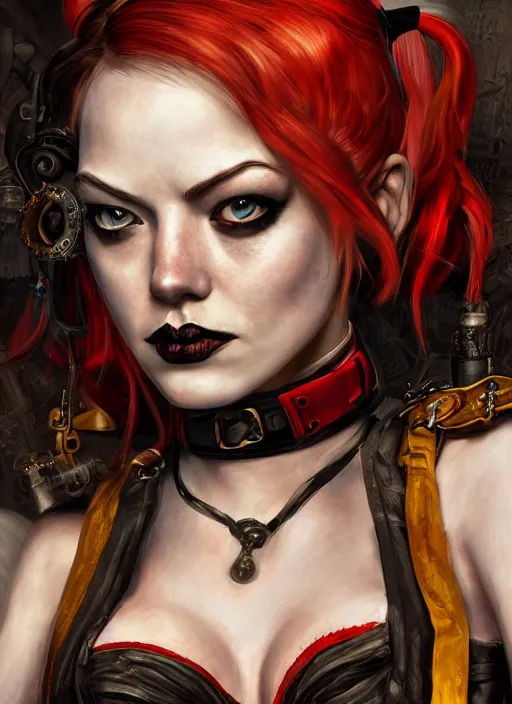 Image similar to steampunk goth autumn portrait of emma stone as harley quinn, hyper detailed, digital art, cinematic lighting, studio quality, smooth render, unreal engine 5, octane rendered, art style by klimt and nixeu and ian sprigger and krenz cushart.