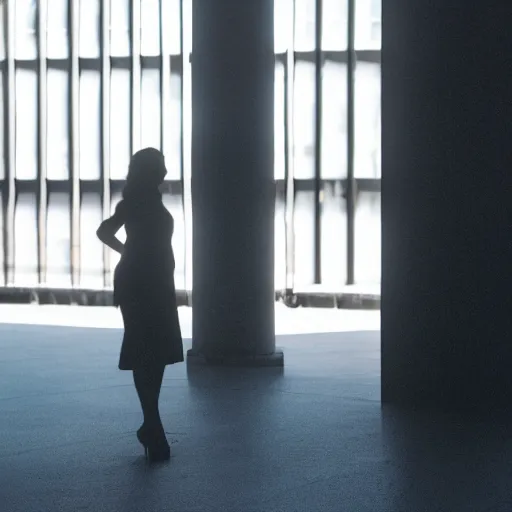 Image similar to A Latina businesswoman, sat outdoors, mostly silhouetted in soft shadow. harsh sunlight corporate plaza