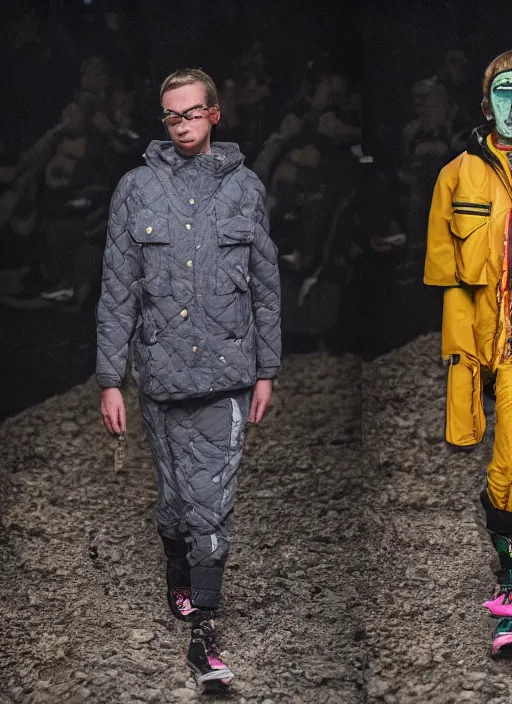 Image similar to hyperrealistic and heavy detailed Moncler runway show of rick and morty , Leica SL2 50mm, vivid color, high quality, high textured, real life