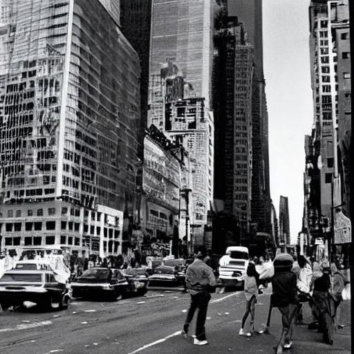 Image similar to new york city invaded by aliens, 1 9 9 0 archival photo