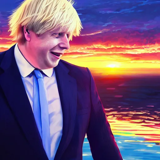 Prompt: Boris Johnson wearing suit and necktie dancing on water, detailed facial features, evokes feelings of joy, beautiful flowing fabric, sunset, dramatic angle, realistic and detailed, by studio trigger, pixiv dslr photo by Makoto Shinkai rossdraws and Wojtek Fus