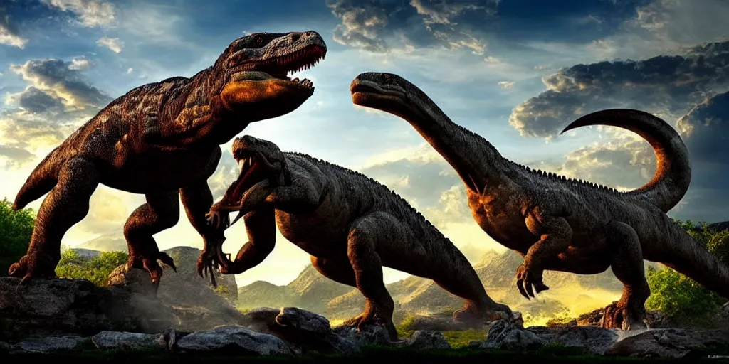 Prompt: amazing prehistoric landscape photo of tyrannosaurus and komodo fighting beside mount olympus, greek doric ionic corinthian fountain, beautiful dramatic lighting