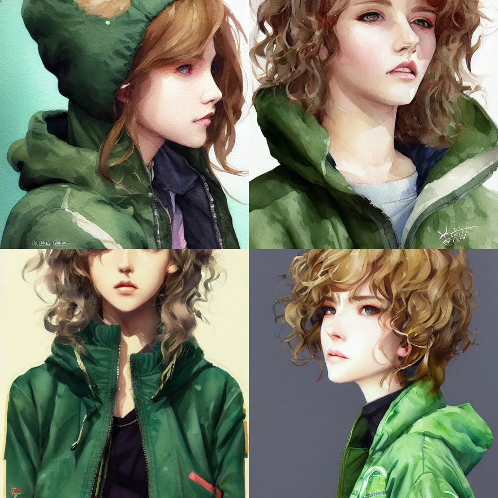 Prompt: short curly blonde haired girl, green eyes, bomber jacket, artstation, watercolor, highly detailed, portrait, by krenz cushart