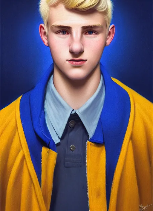 Image similar to portrait of a high school senior boy named moose mason, blonde short hair, jock, beefy, square jaw, square facial structure, 1 9 5 0 s, blue varsity jacket, intricate, elegant, glowing lights, highly detailed, digital painting, artstation, concept art, smooth, sharp focus, illustration, art by wlop, mars ravelo and greg rutkowski