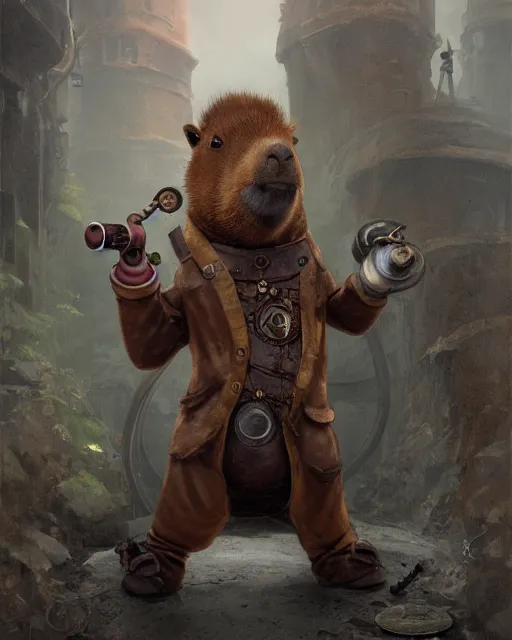 Prompt: oil painting of anthropomorphized capybara holding a pipe, steampunk clothes, close shot, full body, dark steampunk mine shaft background, sharp focus, fantasy style, octane render, volumetric lighting, 8k high definition, by greg rutkowski, highly detailed, trending on art Station, dungeons and dragons artwork, centered