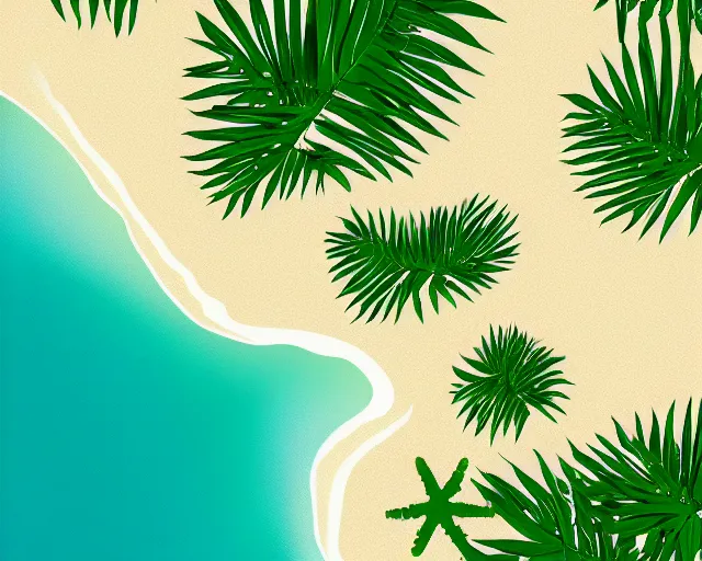 Image similar to low poly vector illustration, wide angle shot of a tropical beach, green dunes, calm shore, noon, cinematography by jim jarmusch