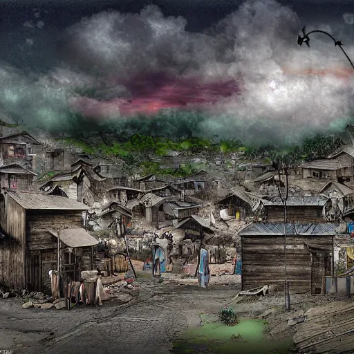 Prompt: the slums just outside the pearly gates to the kingdom - of - heaven - in - the - clouds, digital art