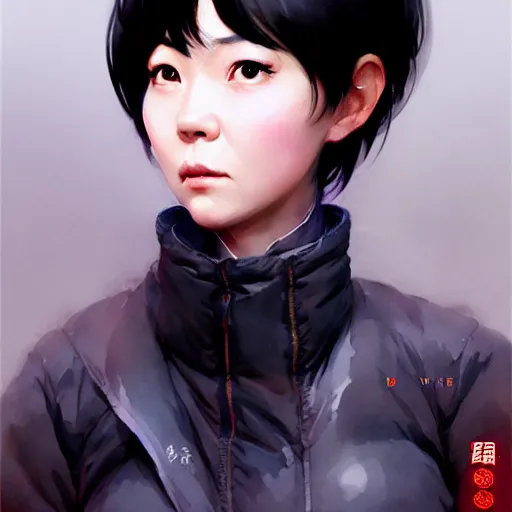 Image similar to character design portrait of a kind chinese grocery woman short black hair, wearing a down jacket, looking at the camera, 4 k, concept art, by wlop, wenjun lin, watercolor, ilya kuvshinov, artgerm, krenz cushart, pixiv.