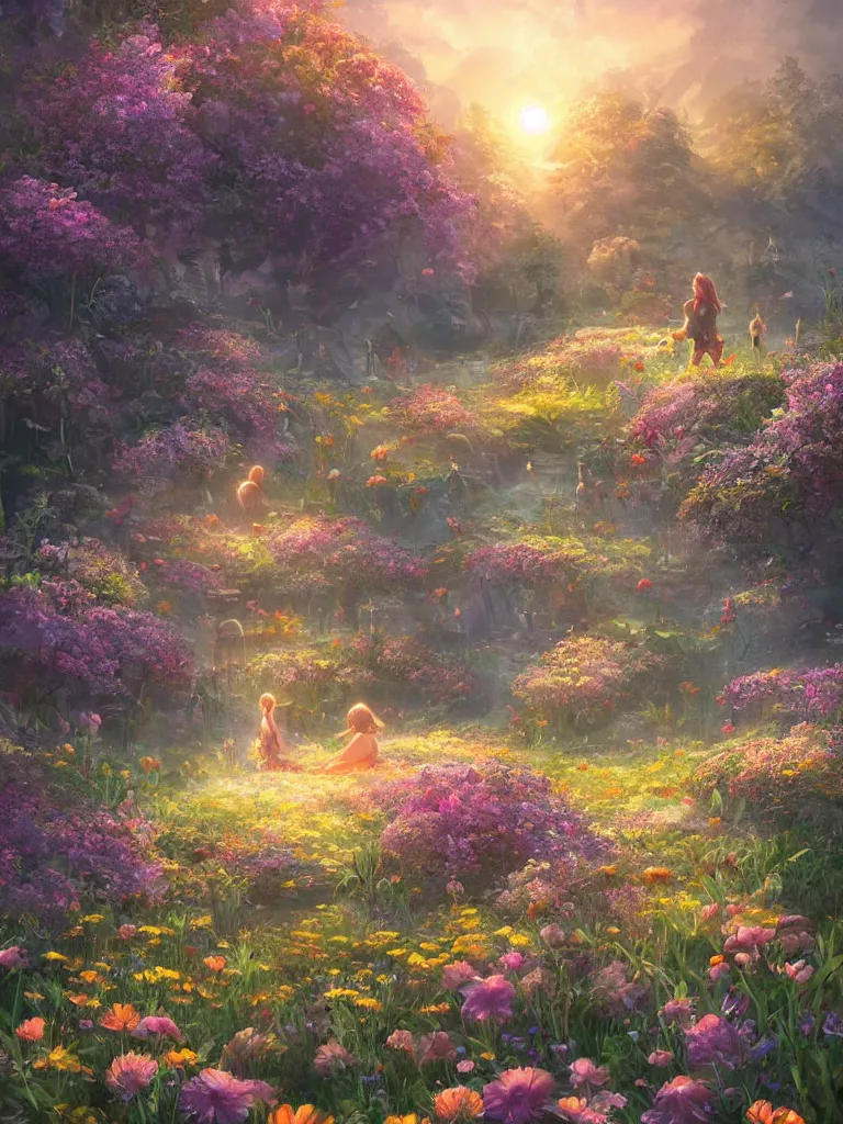 Image similar to a dream flower garden near a lakeside campsite environment where one draws mystical energy into their lives, background art, pristine concept art, small, medium and large design elements, golden hour, in the style of WLOP and Ross Tran