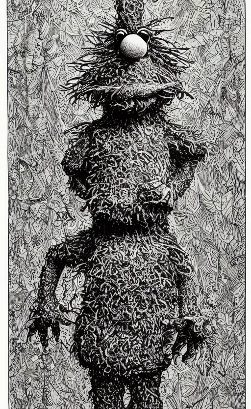 Image similar to an illustration of a fraggle, full body, standing in rectangular border, pen-and-ink illustration, etching, by Russ Nicholson, DAvid A Trampier, larry elmore, 1981, HQ scan, intricate details