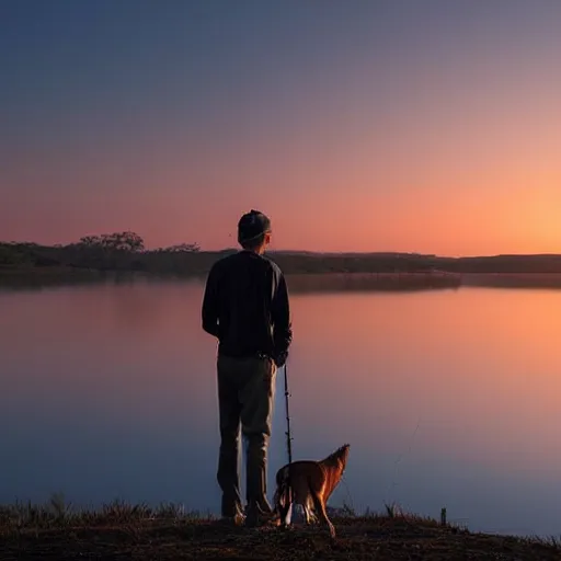 Image similar to an australian man, facing away from the camera towards a sunrise, over a reflective lake, fishing rod set up next to the man, with tackle box and a dog sleeping on the ground, awe inspiring award - winning, matte painting