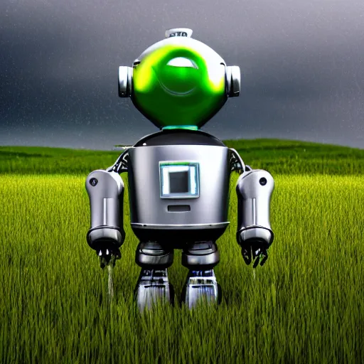 Prompt: a retro style robot in a grassy field during a thunderstorm, realistic lighting