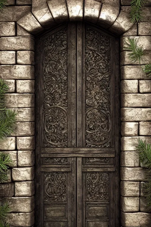 Image similar to a huge old weathered dark wooden door made with bright metallic rush plant ornaments, ornate, fantasy, photorealistic, octane render, volumetric light, high definition, ultra detailed, trandind on artstation, midjourney