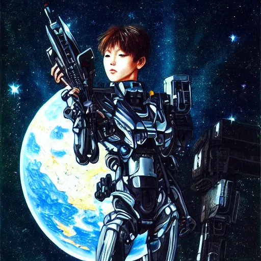 Prompt: award winning, extremely photorealistic, bokeh, beautiful detail, stars in the sky, cybernetic, sci-fi space game art, jeon Jungkook holding a gun. Photoreal, alien planet art by Akihito Yoshitomi AND Yoji Shinkawa AND Greg Rutkowski, Mark Arian trending on artstation