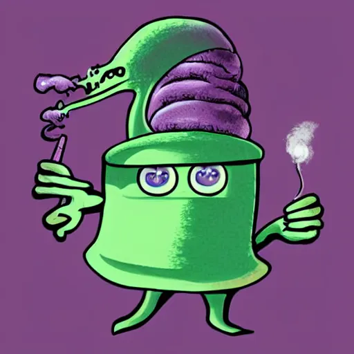 Image similar to alien with a purple wool cap an oversize t-shirt smoking a joint digital art