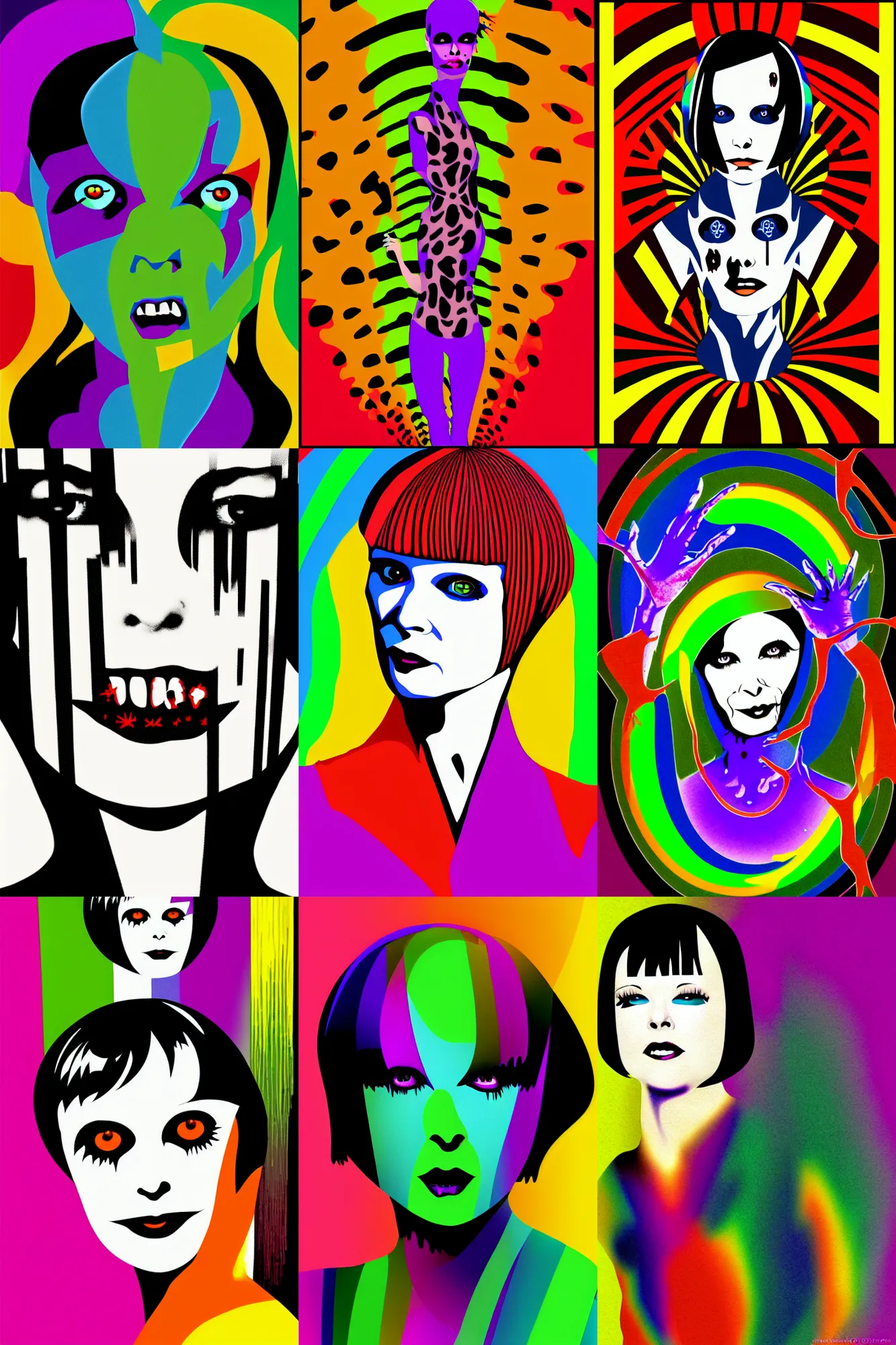 Prompt: vector logo of mary louise brooks as a zombie, ross tan, rainbow op art