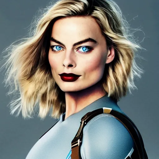 Prompt: margot robbie model face as captain america