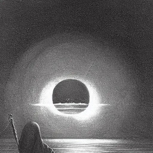 Image similar to a closeup of a hooded figure on a ferry in the underworld holding a small perfect sphere, charon, greek mythology, beksinski