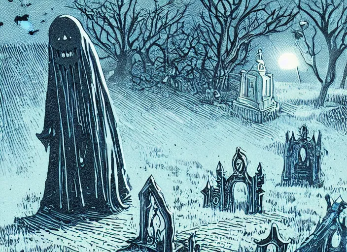 Image similar to blue woodcut print, cartoon halloween ghost in graveyard at midnight by greg rutkowski, fine details, highly detailed