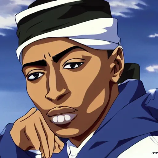 Image similar to Tupac Shakur, screenshot from a 2012s anime