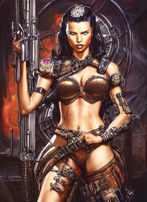 Image similar to front portrait of attractive Adriana Lima as Lady Mechanika holding a shotgun with both hands, Intrincate background with steampunk imagery , D&D!, fantasy style, sharp focus!, ultra detailed, art by Artgerm and Peter Andrew Jones, WLUP