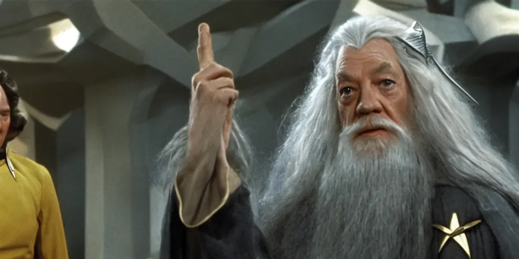 Image similar to Gandalf, in starfleet uniform, in the role of Captain Kirk in a scene from Star Trek the original series