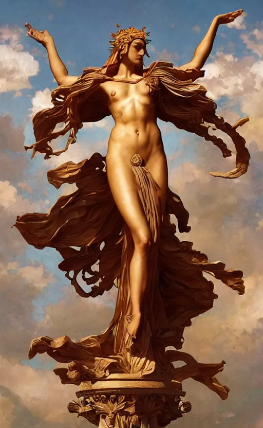 Image similar to statue of the goddess of the sun helios with four arms descending from olympus, artstation, concept art, smooth, sharp focus, illustration, art by artgerm and greg rutkowski and alphonse mucha and william adolphe bouguereau and john william waterhouse