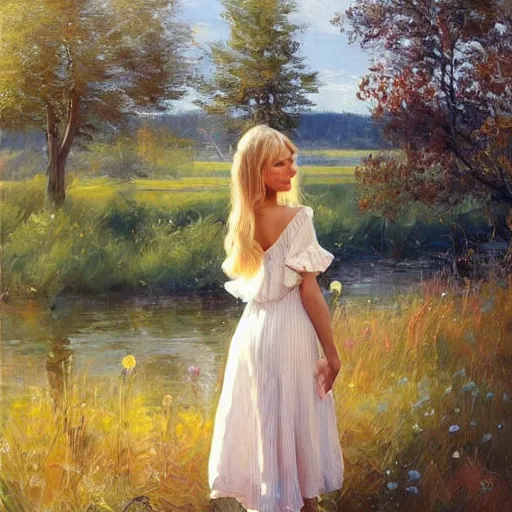 Prompt: blonde woman, dress, swedish countryside, archipelago, morning, masterpiece, highly detailed, beautiful, atmospheric, impressionism, wlop, artstation, painting by Vladimir Volegov