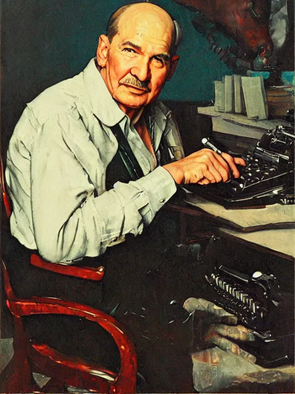 Image similar to portrait of robert a heinlein sitting at a typewriter, in a style blend of norman rockwell and frederick remington and mort kunstler, oil painting, volumetric lighting, intricate details