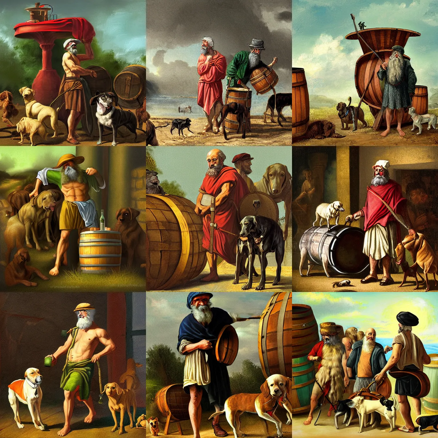 Prompt: Diogenes and dogs and a barrel, green cap hat, highly detailed, digital painting