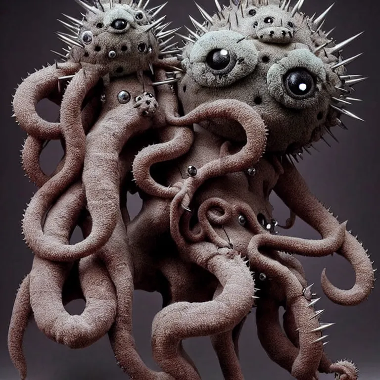 Prompt: photo of cute plush fluffy chibi monster with spikes, tentacles, and many eyes. made by giger, wayne barlowe, dariusz zawadzki, zdzislaw beksinski