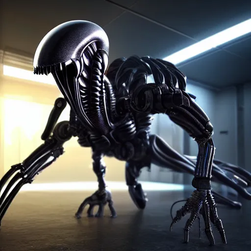 Image similar to futuristic xenomorph alien robot, highly detailed, photorealistic shot, bright studio setting, studio lighting, crisp quality and light reflections, unreal engine 5 quality render