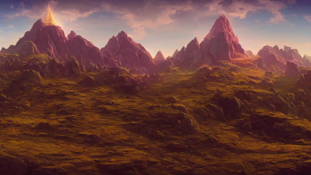 Image similar to first person perspective digital illustration of Death Mountain in Hyrule reimagined by industrial light and magic:1|wide angle panoramic by beeple and Roger Dean, viewed from eye level:0.9|fantasy, cinematic:0.9|Unreal Engine, Octane, finalRender, devfiantArt, artstation, artstation HQ, behance, HD, 16k resolution:0.8