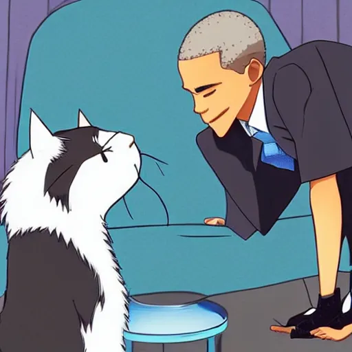 Image similar to “anime key visual of Obama petting a cat, pixiv”