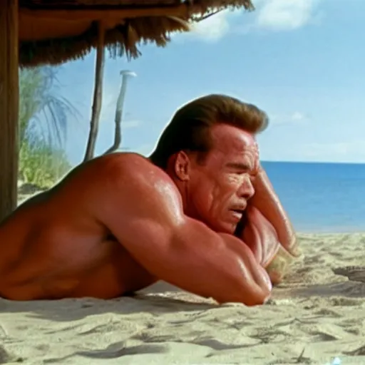 Image similar to arnold schwarzenegger falling asleep in a bungalow on the beach, cinematic shot