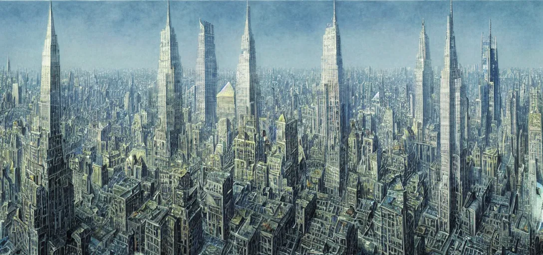 Image similar to A futuristic landscape of New York City with domes and very tall buildings in the year 2050 by Alan Lee