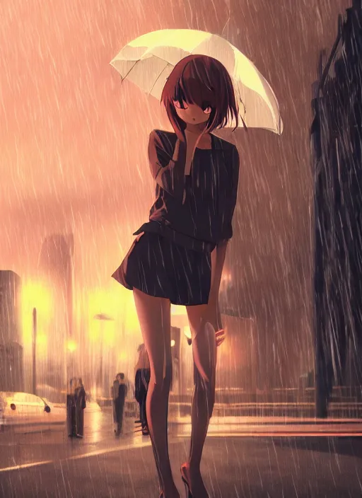 Image similar to listening to music at 2 am, night, pretty girl, pose, rain, lofi, lofi, peaceful, street light, anime key visual, poster, street wears, anime, by wlop, high quality, 4 k, trending, trending on artstation