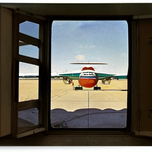 Image similar to Window view of an African airport of a Lockheed L-188 Electra parked on the runway, norman rockwell and andrew loomis artwork